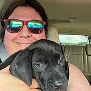 Rudy joined the competition — help win amazing prizes! animal, black_dog, car_interior, closeup, cute, daylight, dog, face, hand, leather_seat, person, pet, portrait, puppy, reflection, seat, selfie, smile, sunglasses, window