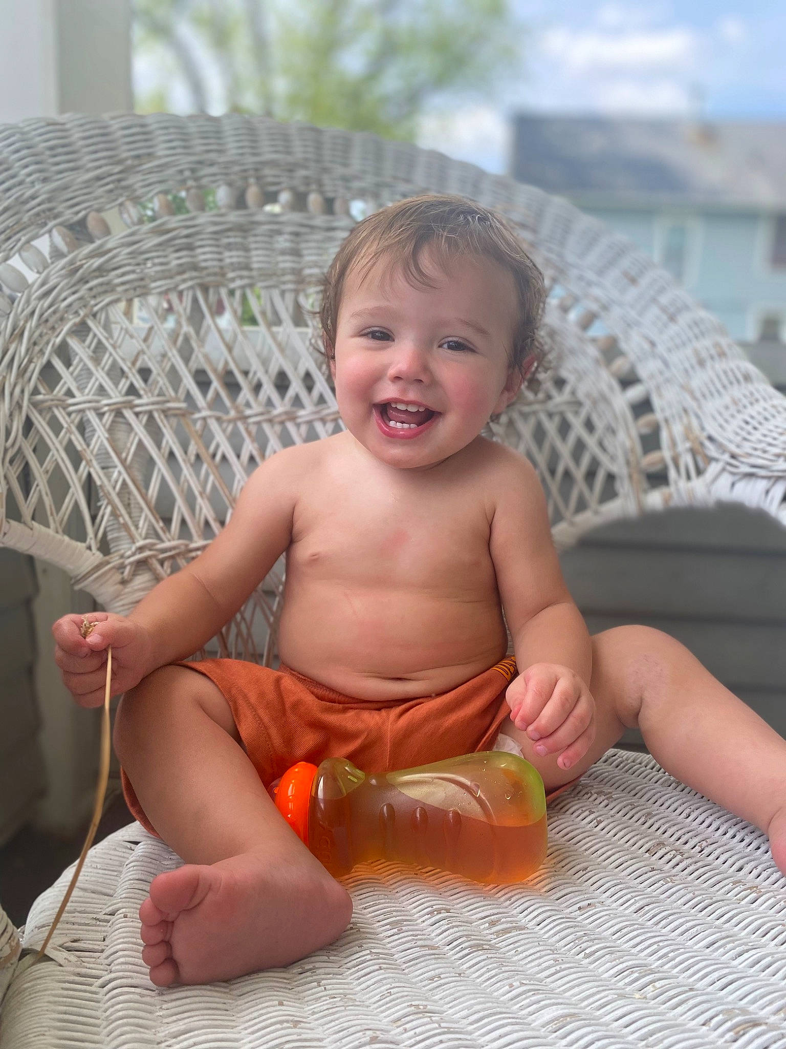 Jody joined the competition — help win amazing prizes! baby, barefoot, chair, eye, finger, foot, fun, grass, happy, human_body, human_leg, joy, leg, leisure, outdoor_furniture, person, shorts, skin, smile, thigh