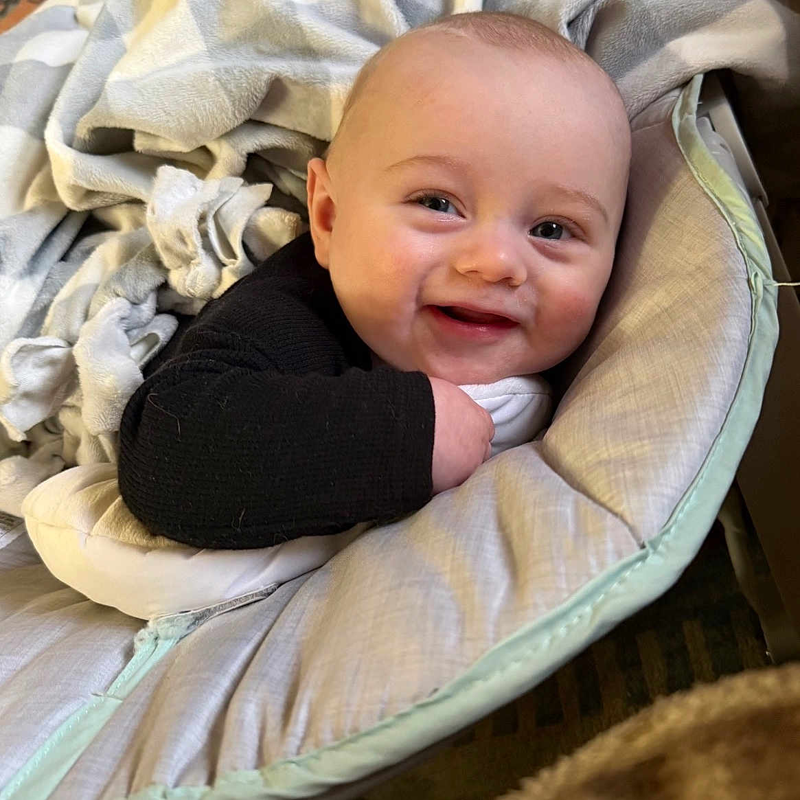 Alaric is registered to the contest to win money with this photo: baby, babyseat, blanket, child, clothing, comfort, cozy, cushion, cute, face, happy, home, indoor, infant, portrait, resting, seated, smiling, soft, warm