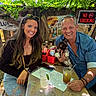 adult, casual_clothing, dog, drinks, graffiti, leaves, man, menu, no_smoking_sign, outdoor, portrait, pub, puppy, restaurant, smiling, sunglasses, table, trees, water_bottle, woman