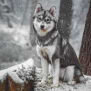 Uska participe au concours pour gagner de l'argent avec cette photo : animal, calm, canine, cold, dog, forest, fur, husky, log, moss, nature, outdoor, pet, portrait, sitting, snow, snowfall, tree, wildlife, winter