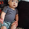 O'Ryen is registered to the contest to win money with this photo: baby, child, cap, plaid_shorts, leopard_print, blanket, pillow, cat_pillow, shoes, indoor, curious_expression, sitting, home, furniture, footwear, clothing, person, portrait, infant, casual