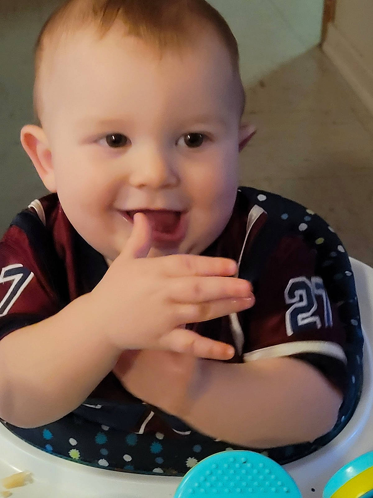 Damien joined the competition — help win amazing prizes! arm, baby, baby_toddler_clothing, chair, cheek, facial_expression, finger, fun, hairstyle, happy, iris, joy, lip, mouth, nail, nose, person, product, skin, sleeve