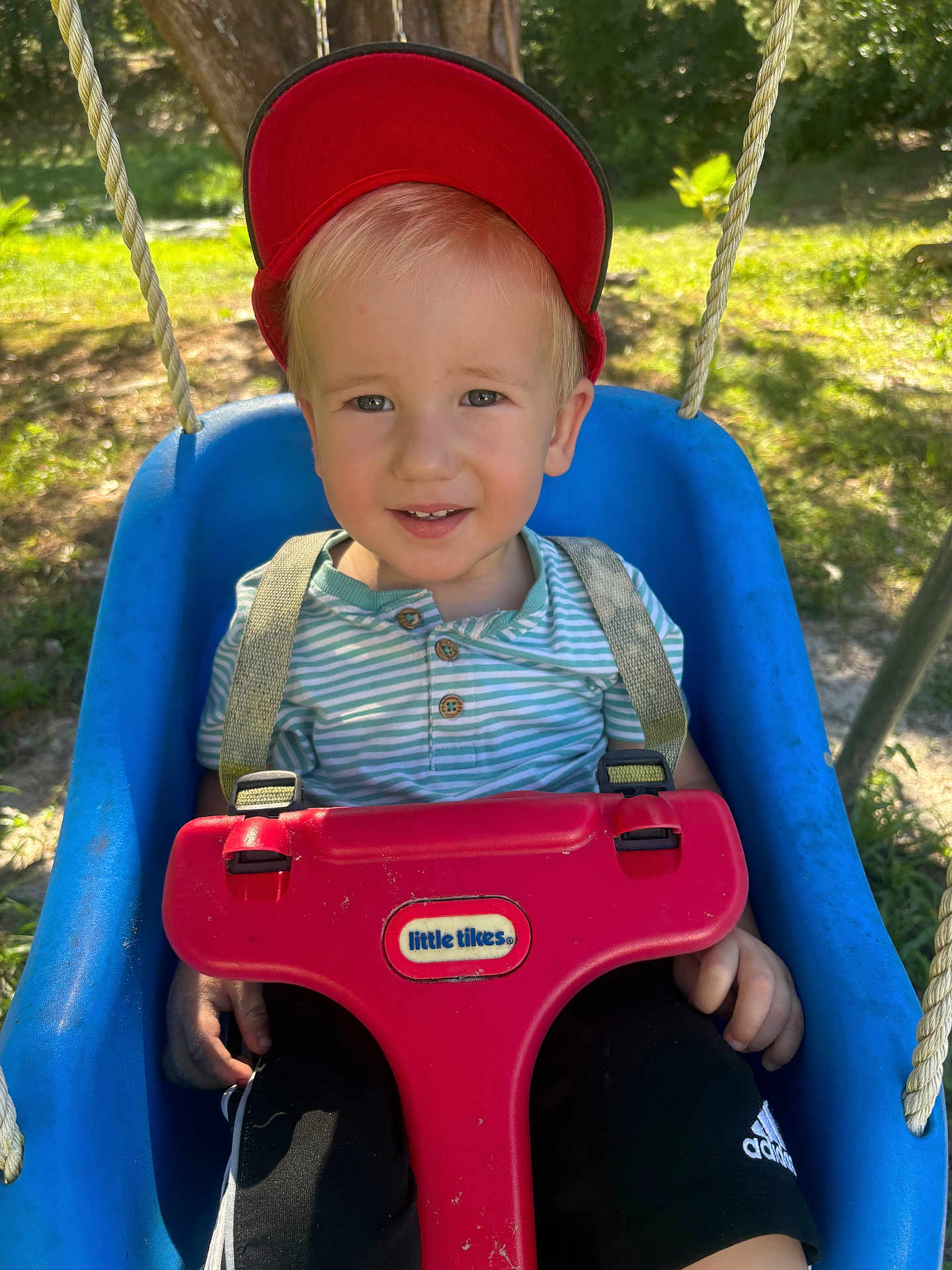 Mark joined the competition — help win amazing prizes! child, toddler, swing, red_cap, blue_swing_seat, outdoor, sunlight, trees, striped_shirt, black_shorts, adidas, playground, rope, happy, smiling, person, nature, daylight, seat, playtime