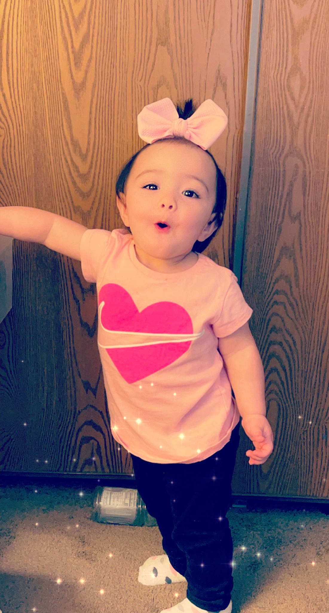 Jacqueline joined the competition — help win amazing prizes! abdomen, baby_toddler_clothing, costume_hat, eye, face, flash_photography, fun, happy, head, headgear, human_body, magenta, organ, person, pink, sleeve, standing, t_shirt, toddler, trunk