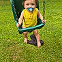Addison is registered to the contest to win money with this photo: toddler, child, swing, pacifier, yellow_clothing, outdoor, grass, metal_chains, playground, happy, barefoot, summer, green, smiling, person, young_child, casual_clothing, daylight, backyard, fun
