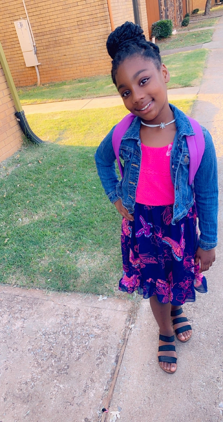 Lauren is registered to the contest to win money with this photo: child, electric_blue, eye, face, fashion_accessory, fashion_design, fun, grass, happy, jewellery, joy, leisure, magenta, necklace, pattern, person, plant, sandal, skin, sleeve