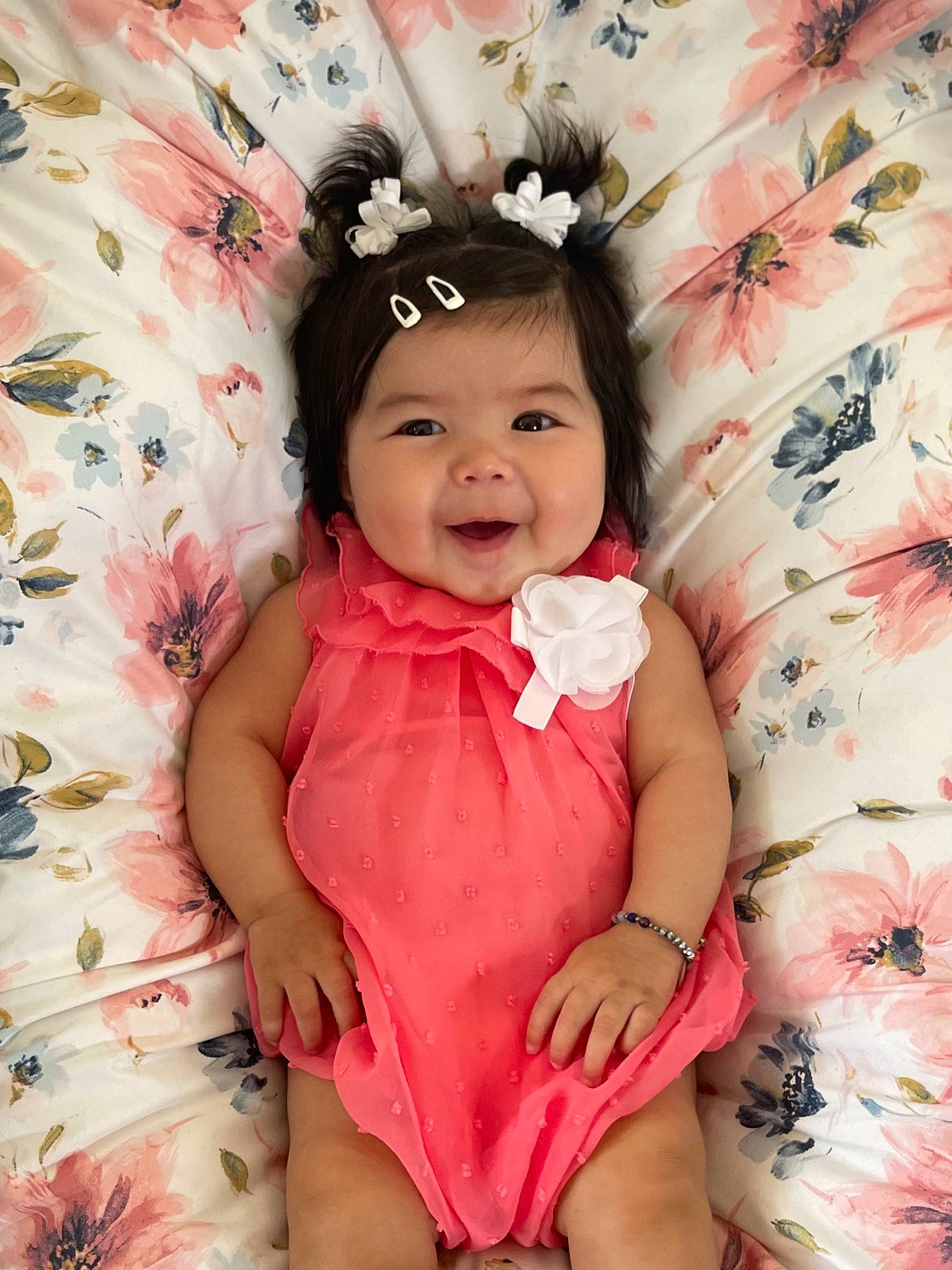 Veitalyn joined the competition — help win amazing prizes! baby, baby_toddler_clothing, child, dress, eye, finger, happy, head, headpiece, human_leg, pattern, person, petal, pink, product, skin, sleeve, smile, textile, thigh