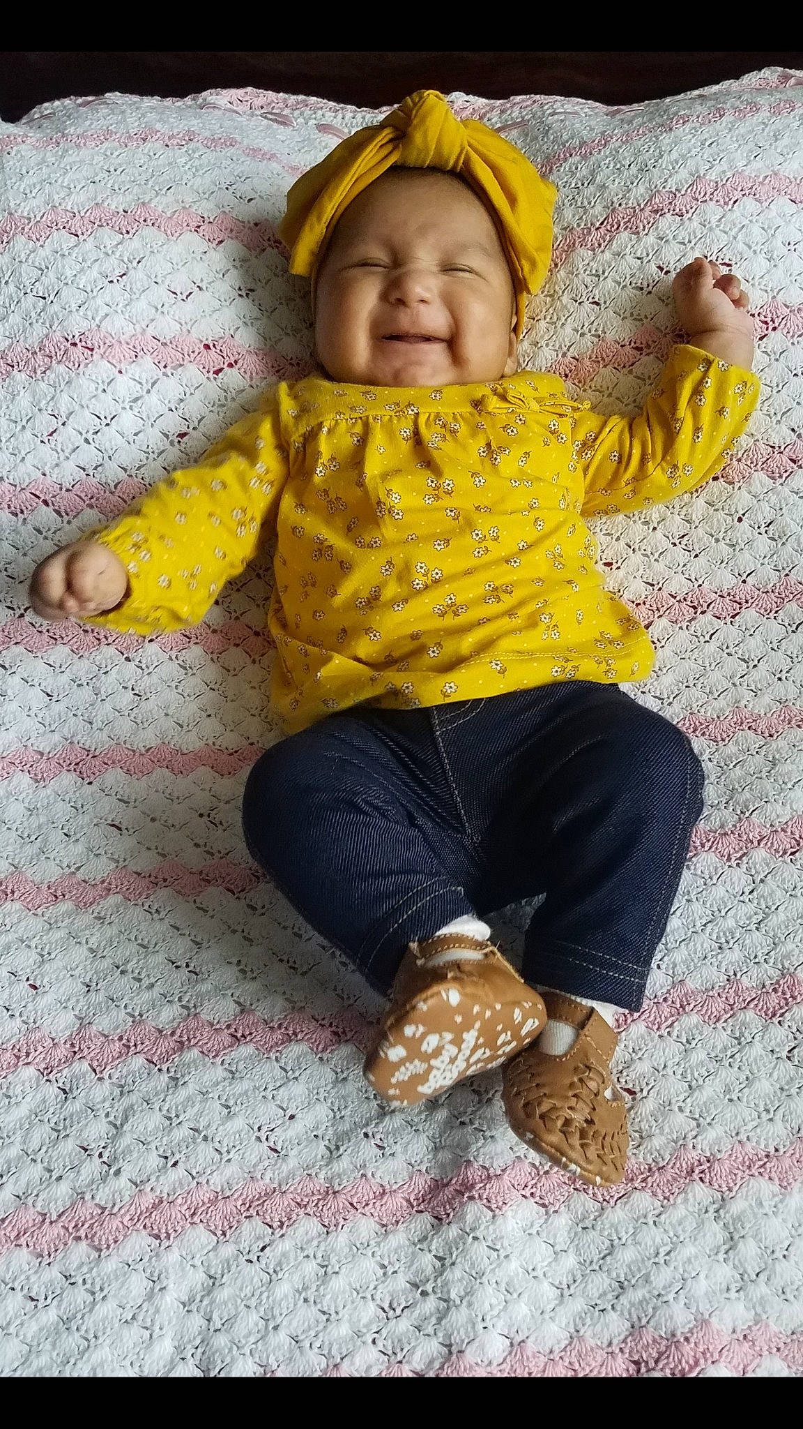 Angela is registered to the contest to win money with this photo: baby, baby_toddler_clothing, child, fun, happy, outerwear, person, play, smile, toddler, yellow