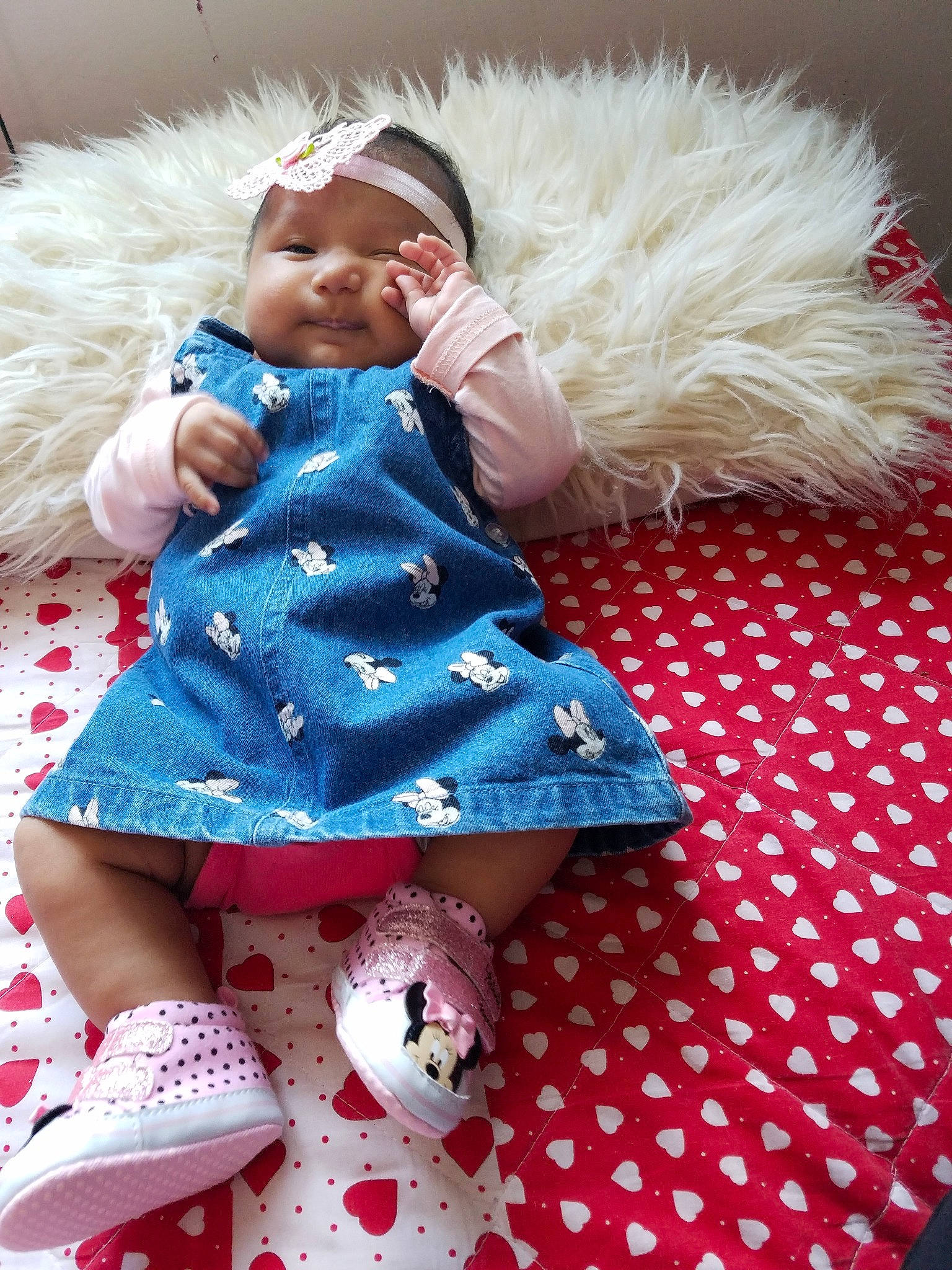 Angela is registered to the contest to win money with this photo: baby, blue, child, design, doll, fur, headwear, pattern, person, play, skin, sleep, textile, toddler, toy