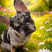 Meeka joined the competition — help win amazing prizes! dog, french_bulldog, pet, outdoor, flower, daisy, grass, portrait, close_up, head_tilt, bokeh, sunlight, garden, cute, tilted_head, merle_coat, ear, nose, eye, paw