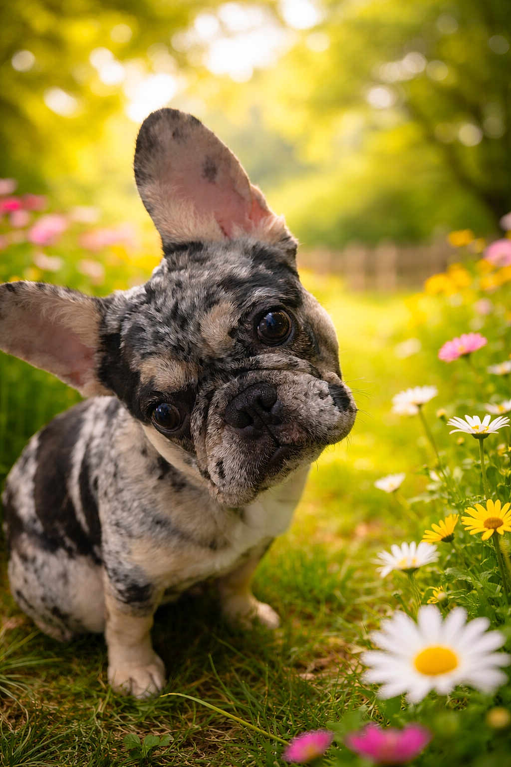 Meeka joined the competition — help win amazing prizes! dog, french_bulldog, pet, outdoor, flower, daisy, grass, portrait, close_up, head_tilt, bokeh, sunlight, garden, cute, tilted_head, merle_coat, ear, nose, eye, paw