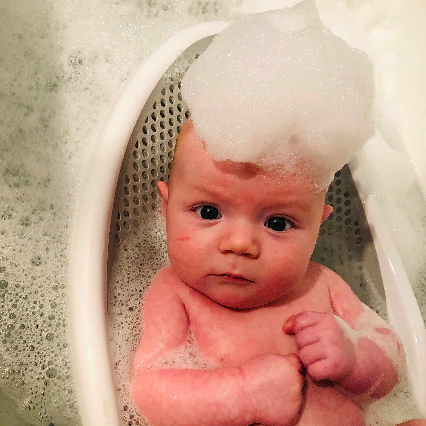 Preston Kjeldgard joined the competition — help win amazing prizes! baby, infant, child, bath, bathtub, bubble_bath, foam, soap, water, bath_seat, wet, sitting, portrait, face, eyes, hands, indoor, close_up, adorable, hygiene