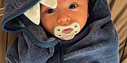Eris is registered to the contest to win money with this photo: baby, infant, pacifier, towel, hood, shark_costume, blanket, bed, swaddle, cute, eyes, face, newborn, cozy, soft_texture, fabric, indoor, portrait, wrapped, sleepy