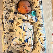 Eris is registered to the contest to win money with this photo: baby, infant, newborn, onesie, dinosaur_print, pacifier, blanket, patterned_blanket, lying_down, crib, nursery, portrait, smirk, face, skin, hair, cozy, sleepwear, baby_bed, pajamas