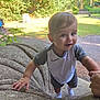 Chester joined the competition — help win amazing prizes! toddler, child, outdoor, park, stone, sculpture, hand, support, greenery, sunlight, shorts, tshirt, white_socks, person, nature, daylight, young_child, playing, exploring, casual_clothing