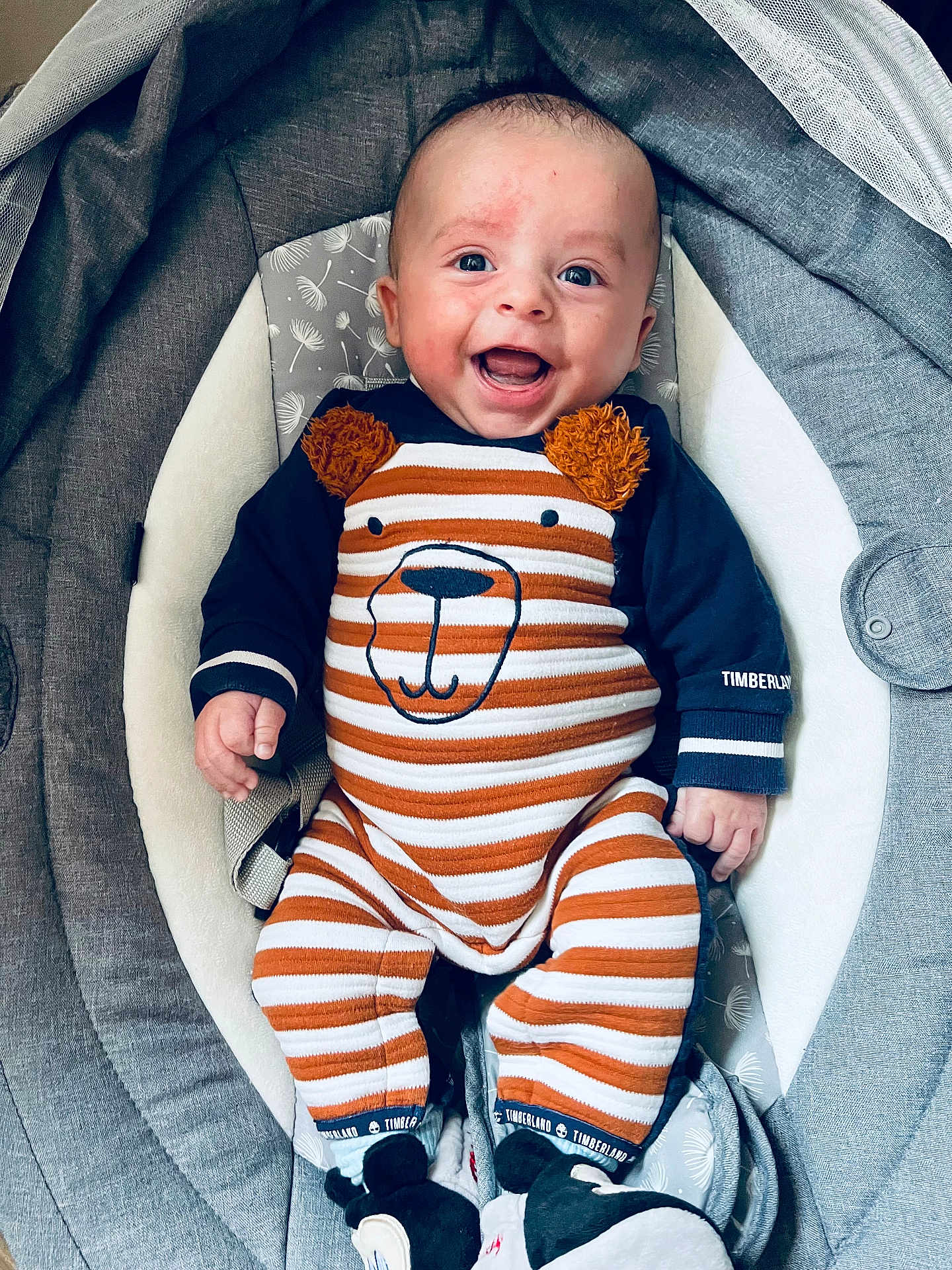 Aaron participe au concours pour gagner de l'argent avec cette photo : baby, smiling, infant, striped_clothing, bear_design, baby_seat, cushion, happy, cute, apparel, child, portrait, indoor, young_child, clothing, sitting, comfort, person, face, newborn