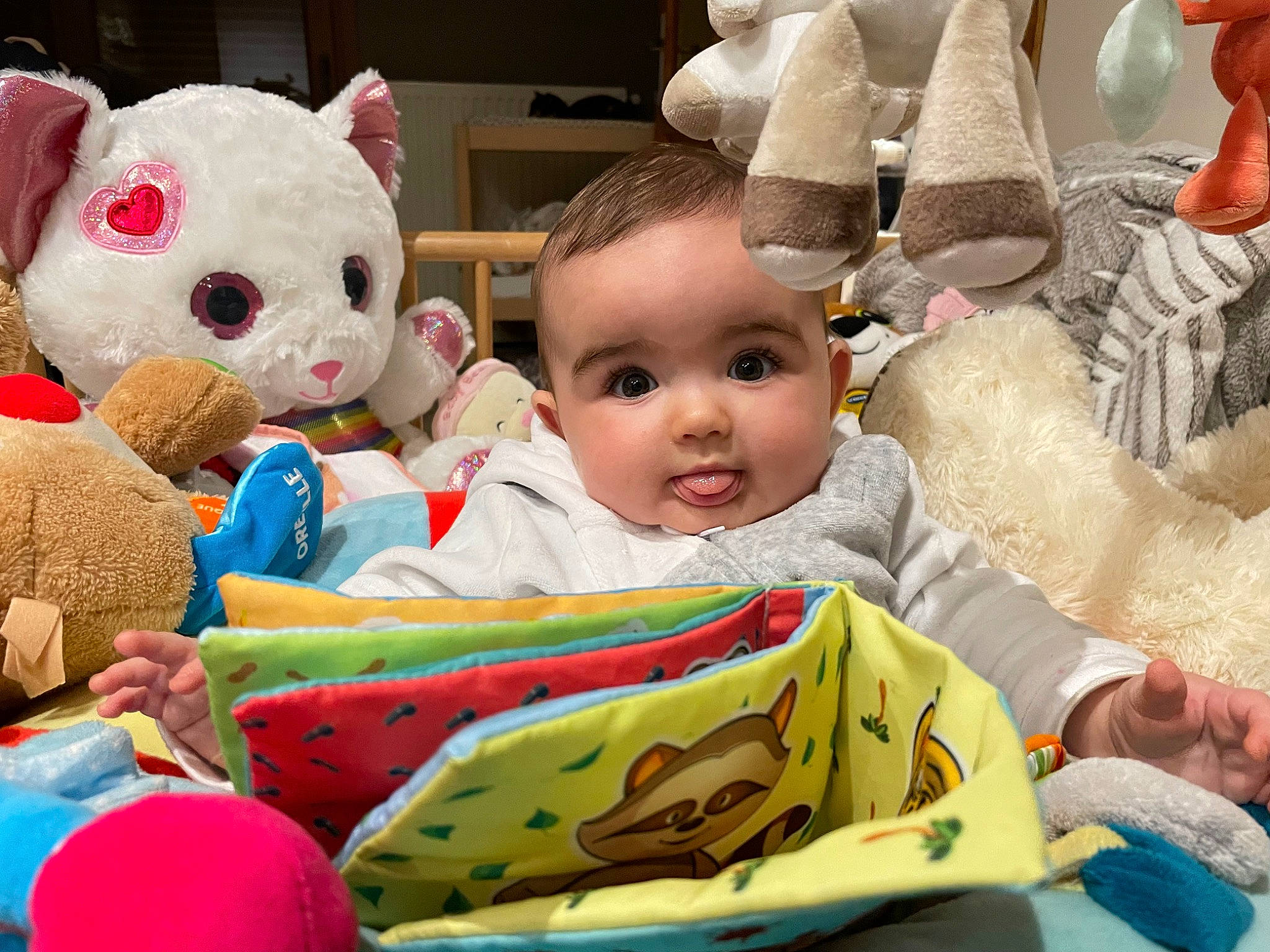 Ambre participe au concours pour gagner de l'argent avec cette photo : baby, baby_toddler_clothing, cheek, child, comfort, event, face, facial_expression, fun, happy, head, organ, people, person, product, room, skin, stuffed_toy, textile, toddler