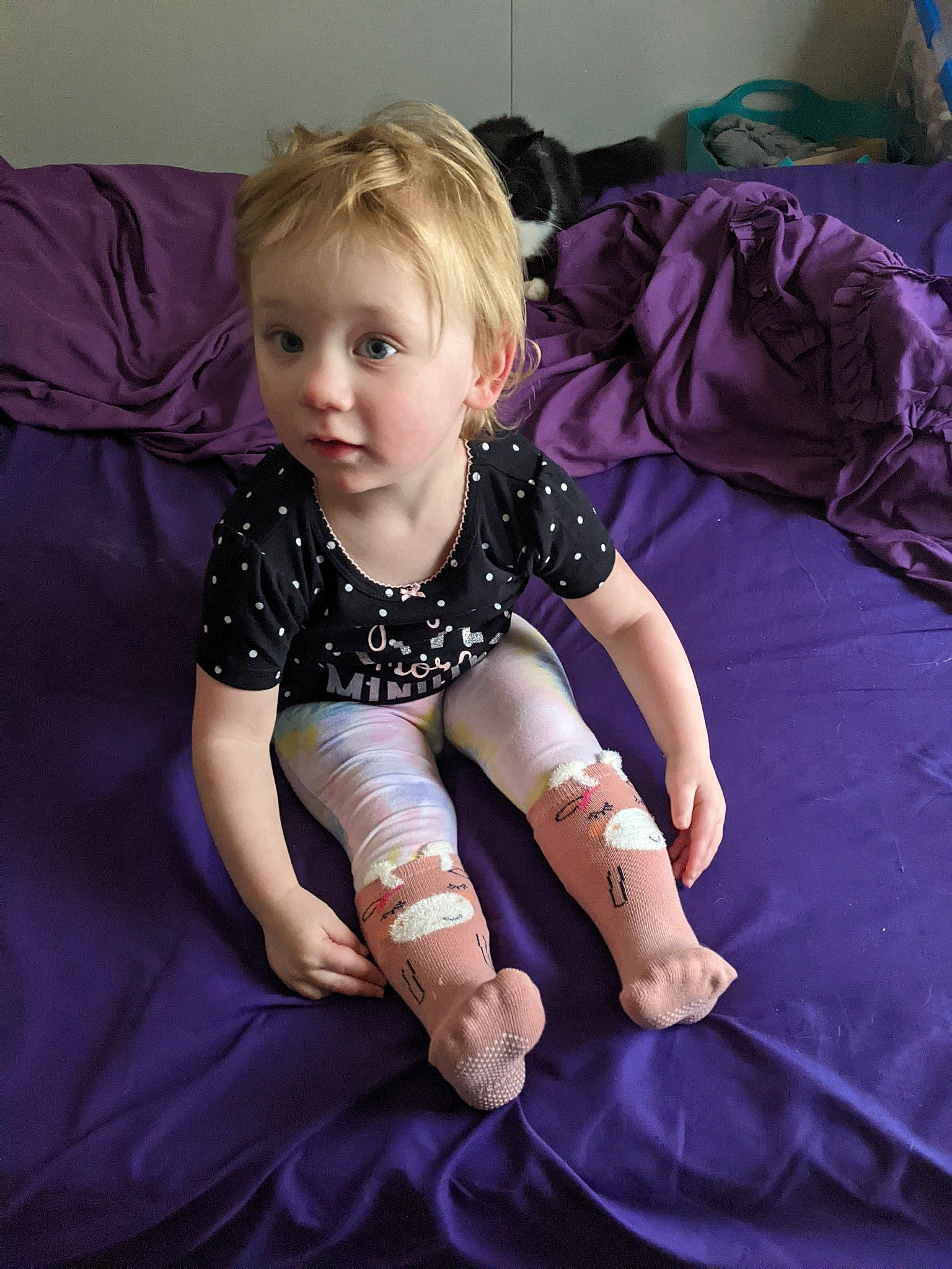 Ariel joined the competition — help win amazing prizes! arm, baby_toddler_clothing, child, comfort, elbow, finger, gesture, human_leg, knee, lap, linens, person, purple, sitting, sleeve, sock, t_shirt, thigh, toddler, trunk