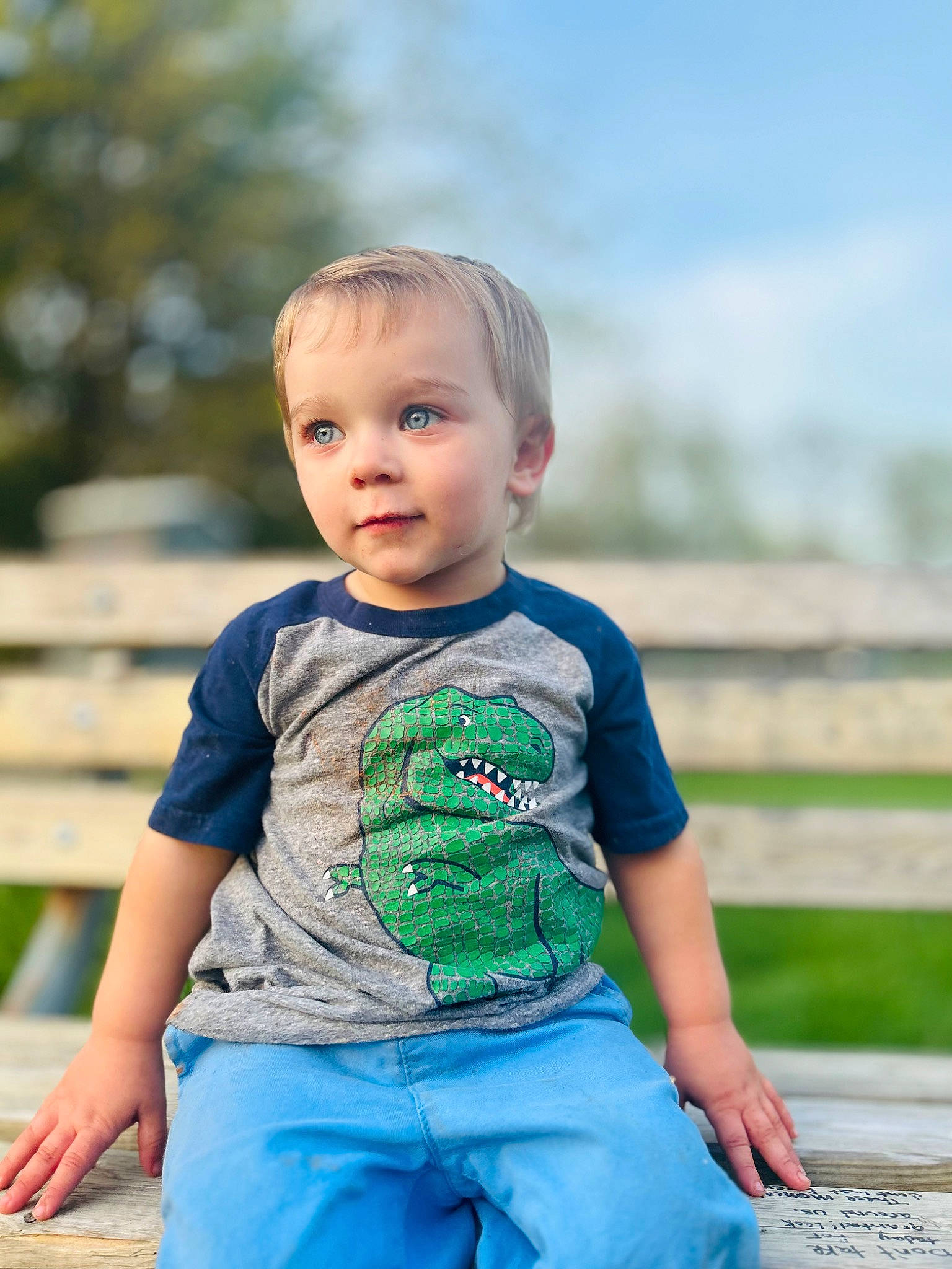 Ryan joined the competition — help win amazing prizes! azure, baby_toddler_clothing, child, denim, electric_blue, flash_photography, fun, grass, grassland, happy, leisure, pattern, person, portrait_photography, sitting, sky, sleeve, t_shirt, toddler, vacation
