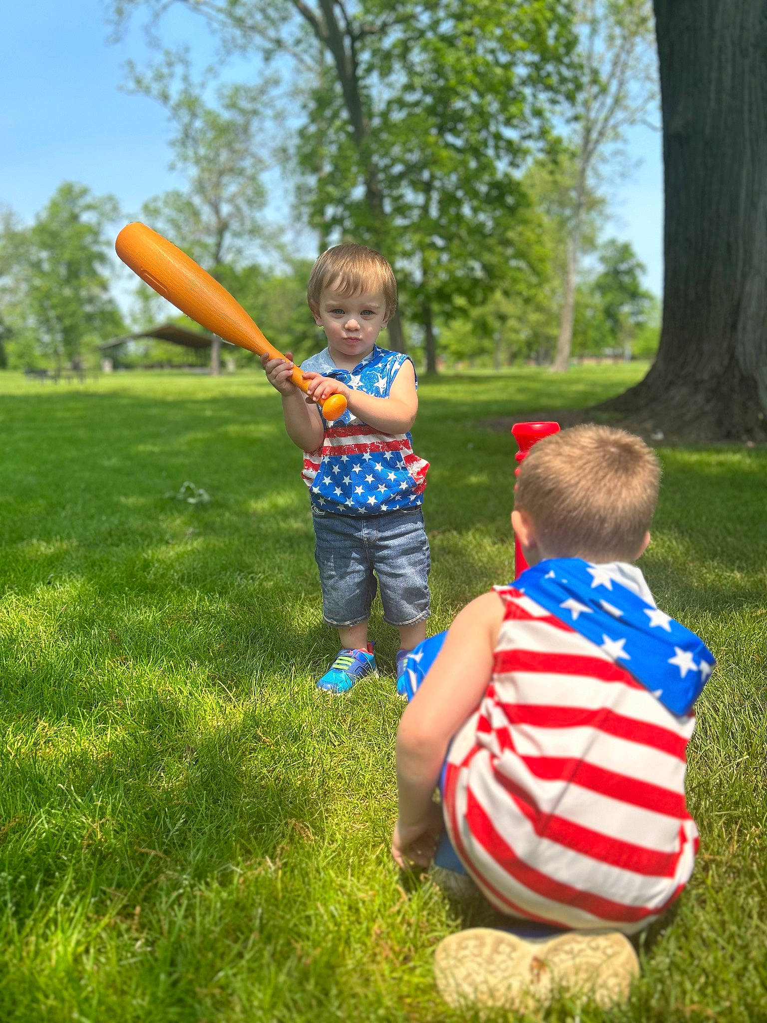 Ryan is registered to the contest to win money with this photo: baseball, baseball_bat, fun, grass, grass_family, grassland, happy, leaf, leisure, outdoor_recreation, people_in_nature, person, plant, recreation, shorts, sky, sports_equipment, t_shirt, toddler, tool
