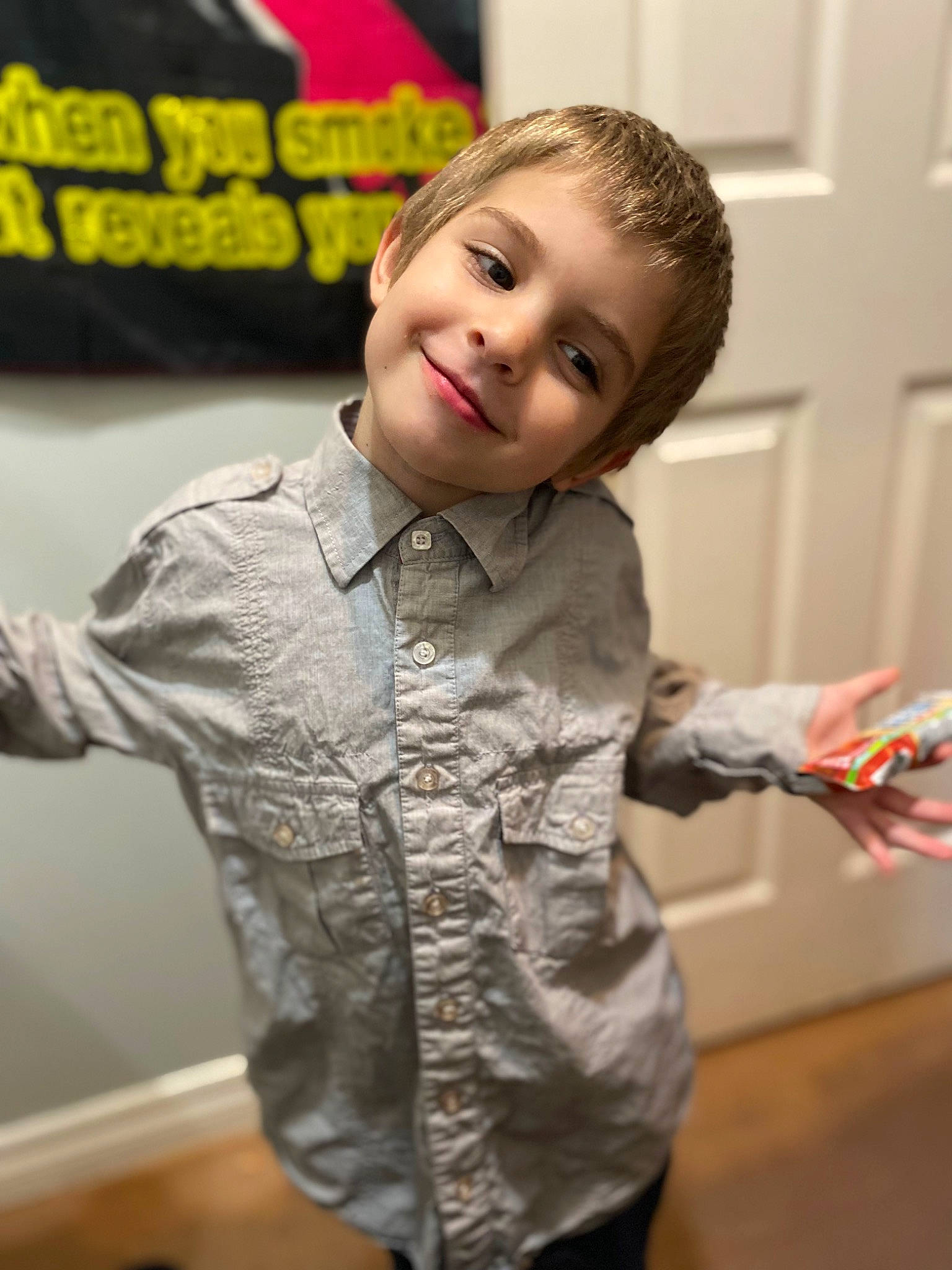 Joel joined the competition — help win amazing prizes! button, child, collar, denim, dress_shirt, event, eye, face, fashion_design, formal_wear, gesture, happy, joy, person, room, sleeve, smile, standing, t_shirt, tie