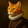 Simba a rejoint le concours — aidez-le/la à gagner de superbes lots ! cat, orange_cat, portrait, costume, renaissance_clothing, ruffled_collar, feline, animal_portrait, historical_style, brown_background, detailed_texture, fur, yellow_eyes, whiskers, dramatic_lighting, noble, elegant, classic, artistic, regal