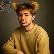 Ades participe au concours pour gagner de l'argent avec cette photo : young_man, portrait, dog_ears_hair, fluffy_hair, beige_sweater, indoor, studio_lighting, small_dog, fluffy_dog, dog, digital_edit, humor, comparison, brown_hair, facial_hair, neutral_expression, closeup, seated, background, inset_photo