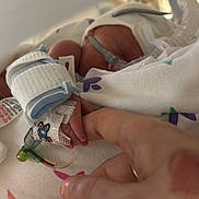 Jack is registered to the contest to win money with this photo: newborn, baby, hospital, medical_tape, hand, finger, blanket, infant, premature, medical_equipment, hospital_bed, close_up, person, skin, healthcare, fragile, care, tenderness, child, bed