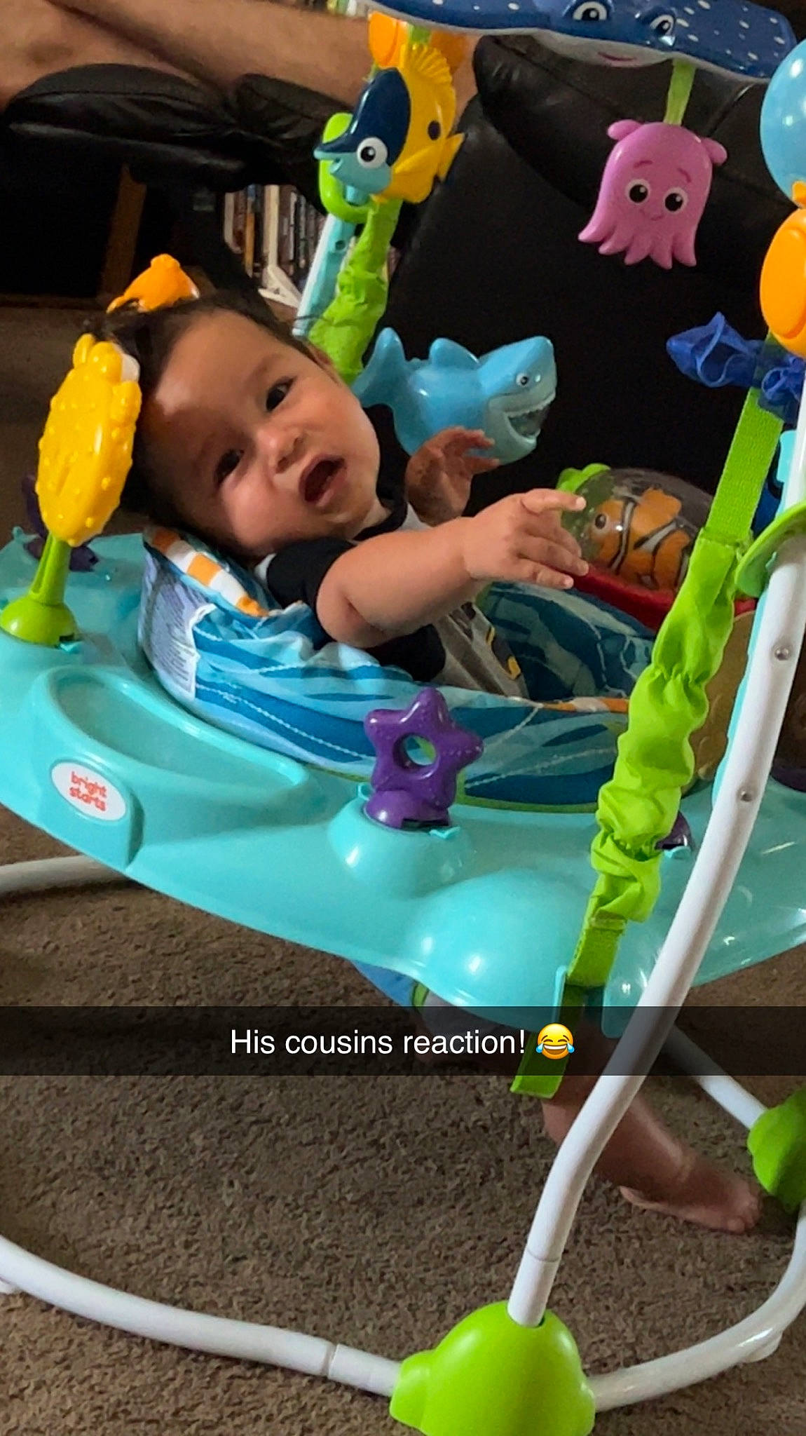 Monte is registered to the contest to win money with this photo: baby, baby_mobile, baby_products, baby_safety, baby_toddler_clothing, baby_toys, chair, child, event, fun, green, happy, leisure, person, play, product, recreation, room, toddler, toy