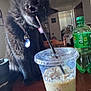 black_cat, cat, pet, drinking, straw, iced_coffee, plastic_cup, table, soda_bottle, collar, id_tag, indoor, kitchen, wooden_table, beverage, ice_cubes, close_up, curiosity, mischief, foreground_object