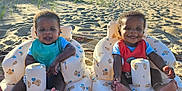 Kai'Ir And Kaidin is registered to the contest to win money with this photo: anklet, baby, beach, bib, blue_sky, child, cute, footwear, grass, happy, infant, inflatable_seat, outdoor, person, sand, smile, summer, sunlight, toddler, vacation