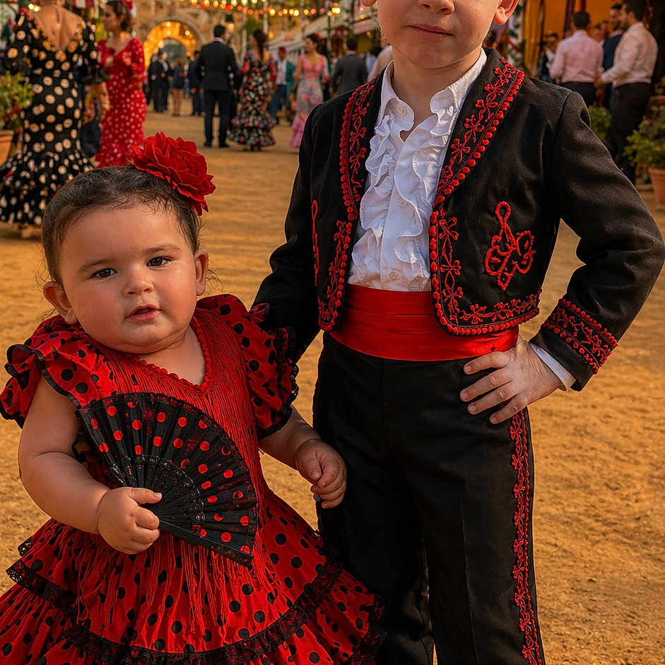 Nëlya Saidi participe au concours pour gagner de l'argent avec cette photo : child, children, flamenco_dress, traditional_clothing, fan, festival, fairground, string_lights, outdoor, portrait, celebration, red, black, dress, suit, boy, girl, posing, crowd, cultural