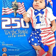 Amari is registered to the contest to win money with this photo: baby, child, 4th_of_july, american_flag, patriotic_clothing, hat, bow_tie, shorts, shoes, blue_background, text_overlay, celebration, holiday, portrait, infant, red_white_blue, stars, stripes, digital_screen, viewer_list
