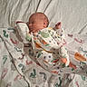 newborn, baby, sleeping, blanket, footprints, onesie, fruit_pattern, infant, sleep, cute, cozy, soft_lighting, peaceful, clothing, bed, child, portrait, resting, indoor, person