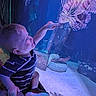 Branson is registered to the contest to win money with this photo: child, toddler, aquarium, lionfish, fish, underwater, blue_light, curiosity, bench, striped_shirt, sneakers, sea_creature, marine_life, glass_tank, indoor, exploration, cute, sitting, pointing, young