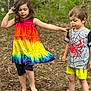 Sophia is registered to the contest to win money with this photo: child, children, girl, boy, outdoor, nature, dirt, greenery, dress, rainbow, shorts, spiderman, shirt, barefoot, playful, posing, portrait, summer, casual_clothing, friends