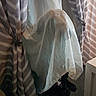 dog, black_dog, pet, animal, indoors, living_room, curtain, white_cloth, striped_curtains, window, natural_light, furniture, table, floor, sitting, covered, funny, ghost_costume, home, photography