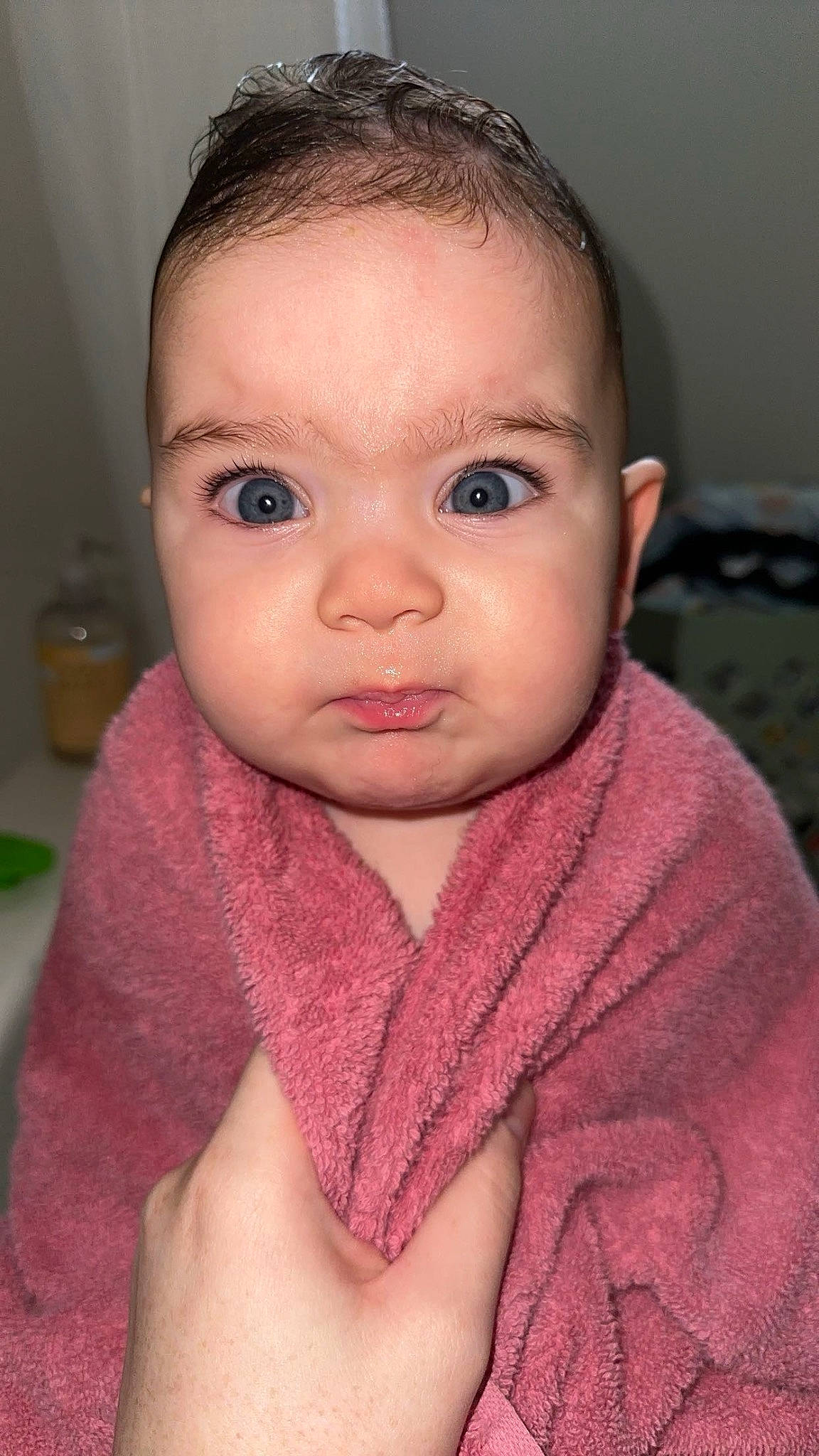 Emersyn is registered to the contest to win money with this photo: baby, baby_toddler_clothing, cheek, comfort, ear, eye, eyebrow, eyelash, face, forehead, head, iris, linens, lip, nail, no_expression, nose, person, skin, sleeve