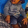 Amias joined the competition — help win amazing prizes! child, toddler, portrait, smiling, sitting, cowboy_hat, boots, checkered_shirt, jeans, bed, blanket, indoor, fashion, outfit, face, person, happy, playful, blue_background, photography