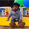 baby, child, portrait, sitting, hat, checkered_shirt, jeans, boots, yellow_rug, balloons, birthday, letter_blocks, colorful, indoor, studio, infant, fashion, serious_expression, brown_shoes, celebration