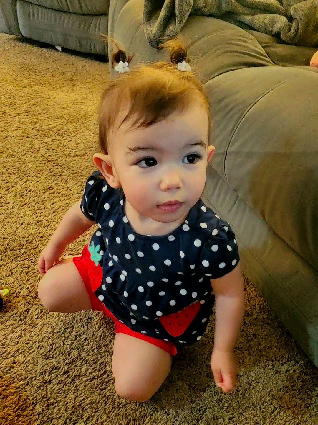 Charli joined the competition — help win amazing prizes! baby, baby_toddler_clothing, child, couch, dress, eye, flooring, fun, grass, happy, human_body, iris, neck, pattern, person, plant, skin, sleeve, thigh, toddler