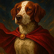 Chailo participe au concours pour gagner de l'argent avec cette photo : dog, cape, red_cape, portrait, animal, brown_and_white, heroic, regal, noble, dramatic_background, painting_style, fur, ears, snout, golden_clasp, costume, pet, animal_portrait, majestic, close_up