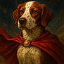 dog, cape, red_cape, portrait, animal, brown_and_white, heroic, regal, noble, dramatic_background, painting_style, fur, ears, snout, golden_clasp, costume, pet, animal_portrait, majestic, close_up