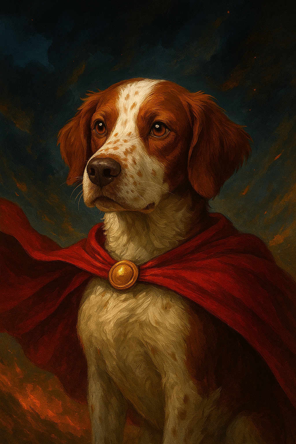 Chailo participe au concours pour gagner de l'argent avec cette photo : dog, cape, red_cape, portrait, animal, brown_and_white, heroic, regal, noble, dramatic_background, painting_style, fur, ears, snout, golden_clasp, costume, pet, animal_portrait, majestic, close_up