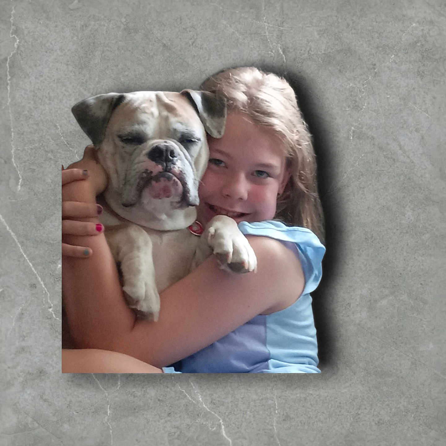 Angel joined the competition — help win amazing prizes! animal, arm, bulldog, child, cute, dog, dress, face, friendship, fur, happy, hug, human, indoor, light_blue, love, pet, portrait, skin, smile