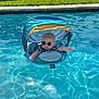 baby, pool, water, float, sunglasses, canopy, sunlight, grass, backyard, swimming_pool, child, summer, outdoor, relaxing, blue, infant, floating, sun_protection, casual, fun