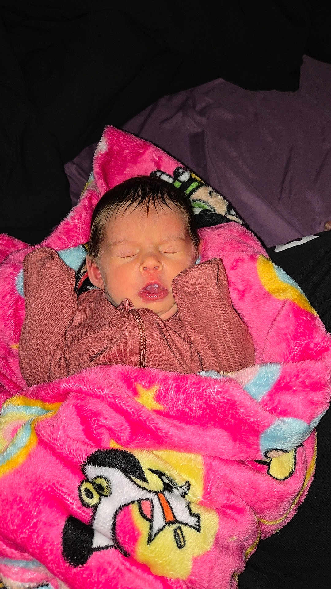 Hope joined the competition — help win amazing prizes! baby, newborn, infant, pink_blanket, penguin, blanket, sleeping, yawning, face, closed_eyes, swaddle, cozy, plush, bedding, portrait, flash_photo, pajamas, small_hands, soft_texture, cute