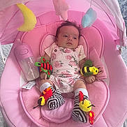 Ailany joined the competition — help win amazing prizes! baby, infant, pink, baby_seat, plush_toys, bottle, canopy, hanging_toys, moon, star, clothing, socks, striped, bee_toy, ladybug_toy, indoor, cute, child, resting, comfortable