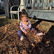 Amalia joined the competition — help win amazing prizes! toddler, child, autumn_leaves, outdoor, play, curly_hair, long_sleeve_shirt, pants, shoes, backyard, chair, grill_cover, porch, sunlight, shadow, grass, dirt, daytime, casual, sitting